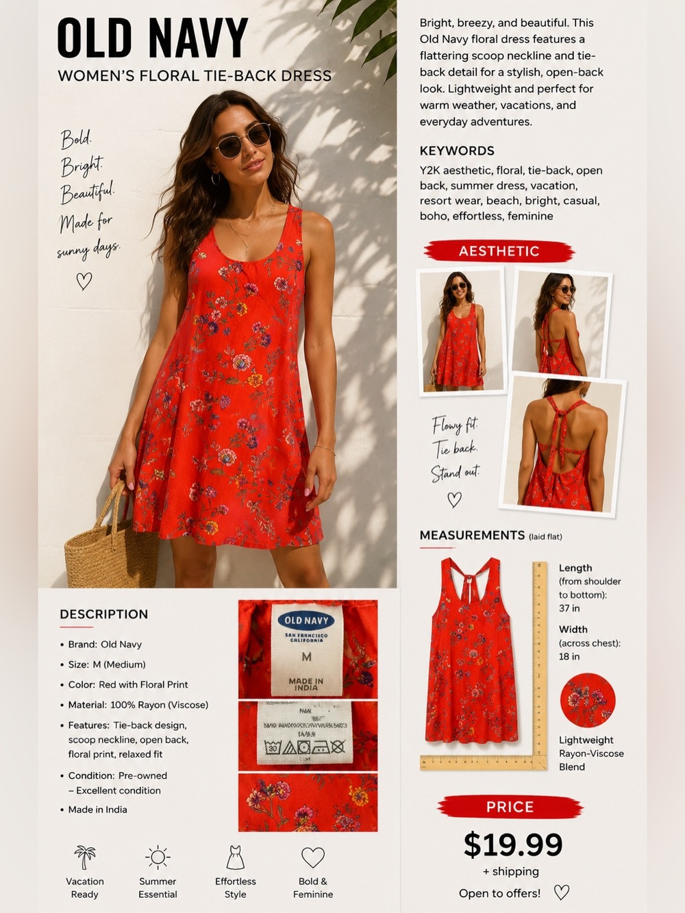 Old Navy Coral Red Floral Dress - Picture 1 of 9